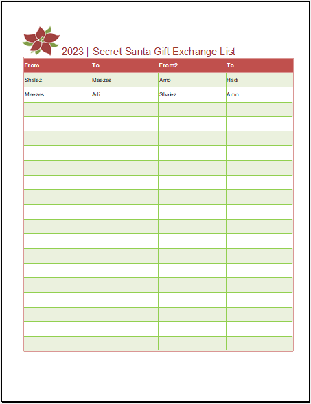 Secret Santa gift exchange list template