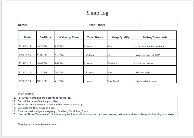 Sleep log template