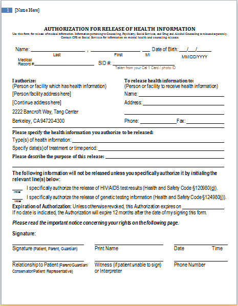 Health Information Release Authorization Form