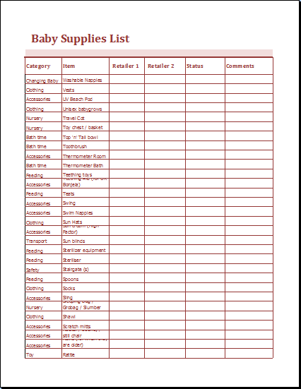 Printable Baby Supplies List MS Excel | Word & Excel Templates