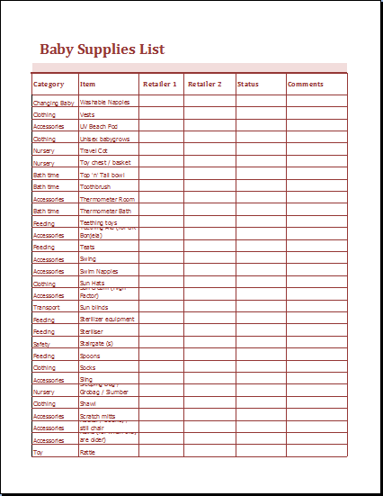 Baby supplies list template