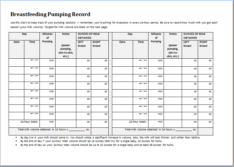 Breastfeeding pumping record sheet