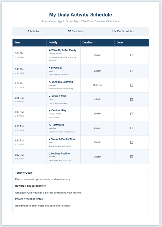 Children Daily Activity Schedule Template