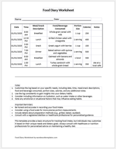 Food Diary Worksheet