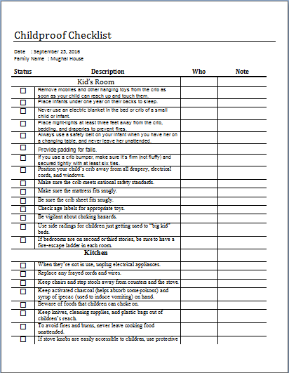 Childproofing Chart and Checklist