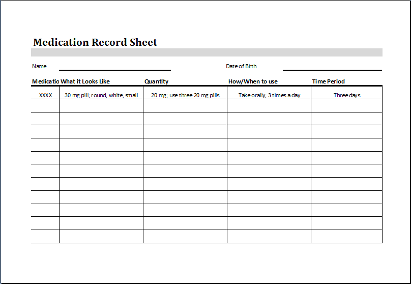 Medication Record Sheet Word Excel Templates