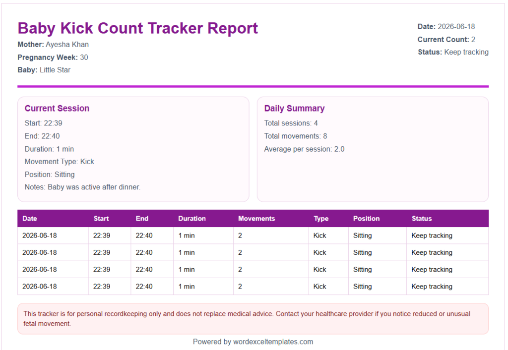 Baby Kick Count Tracker Template