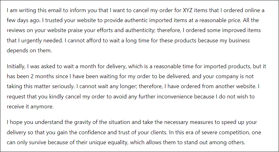 Letter for Cancelling Order