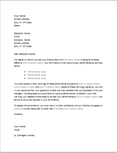 Employee Termination Letter Due To Poor Performance from www.wordexceltemplates.com
