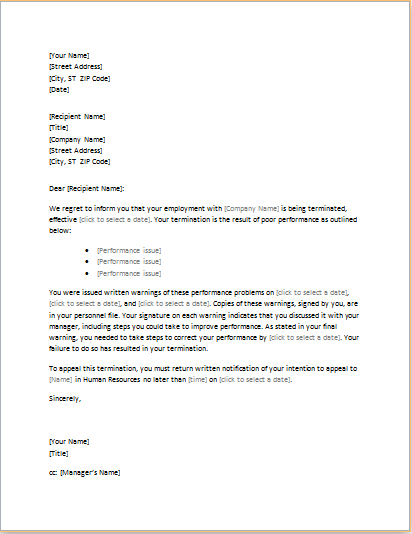 Attendance Sample Termination Letter For Poor Performance