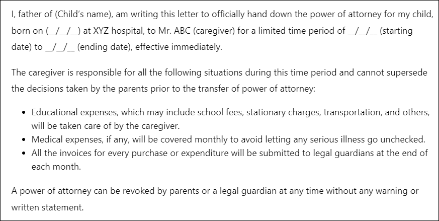 Power of Attorney Letter for Child Care