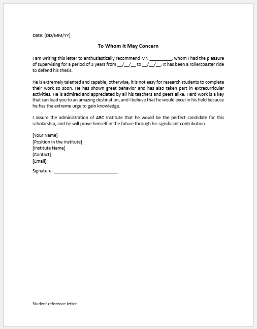 Student reference letter template