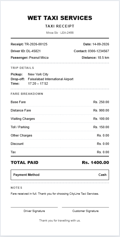 Taxi Receipt Template