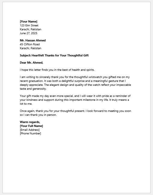 Thank you letter for personal gift