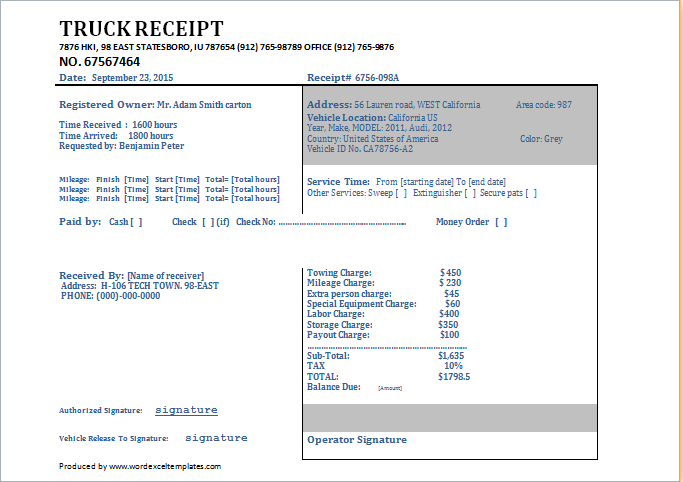 tow truck service receipt