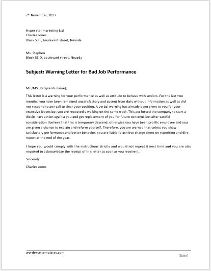 Warning letter for bad job performance