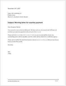 Warning letter for overdue payment