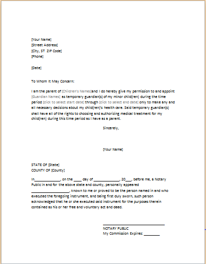 power of attorney letter for child care