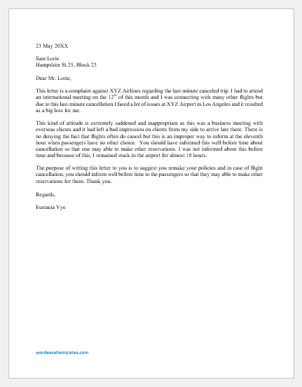 Complaint Letter about Canceled Trip