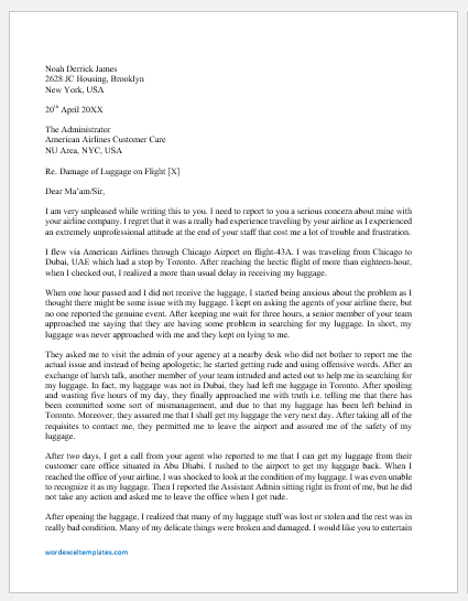 Complaint letter for lost and damaged luggage