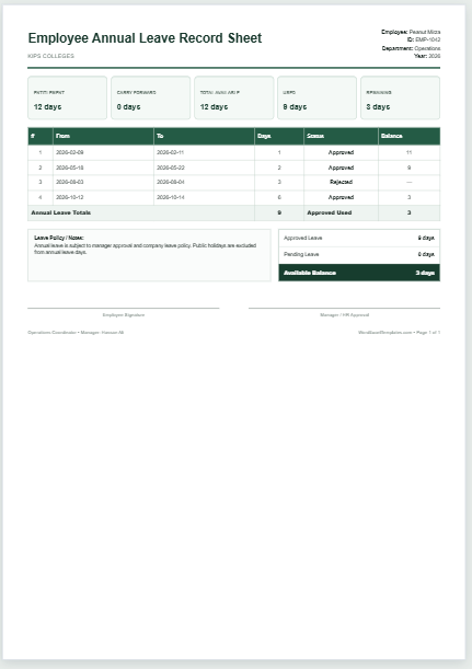Employee Annual Leave Record Sheet