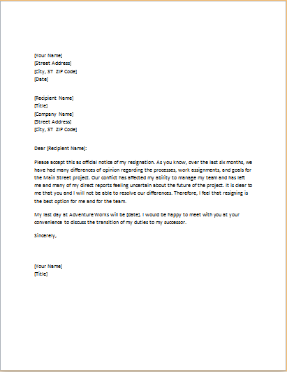 Letter of resignation due to conflict with boss