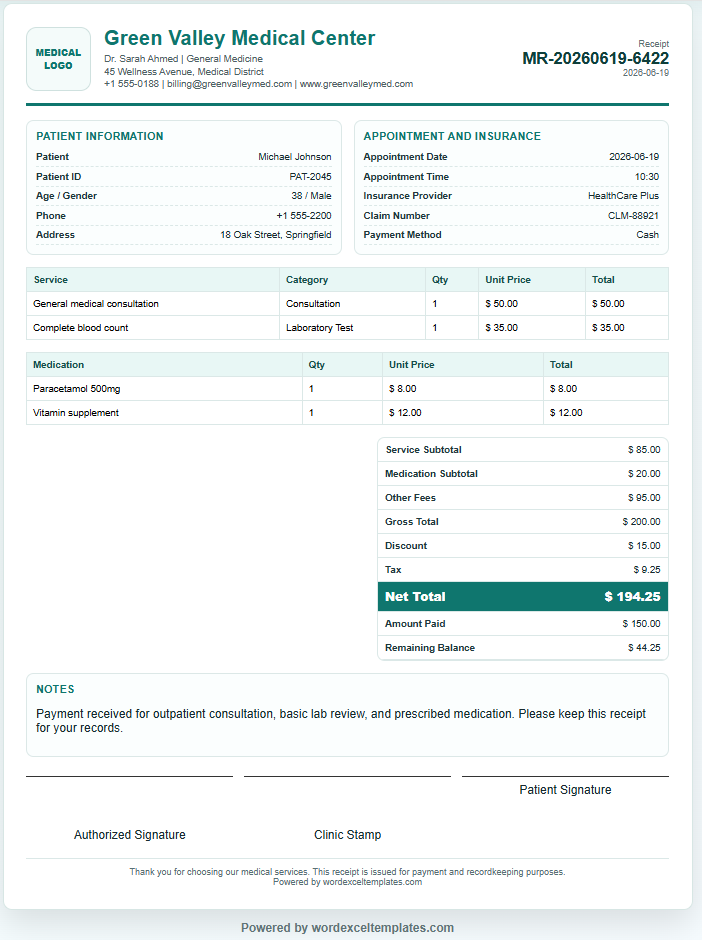 Medical Receipt Template