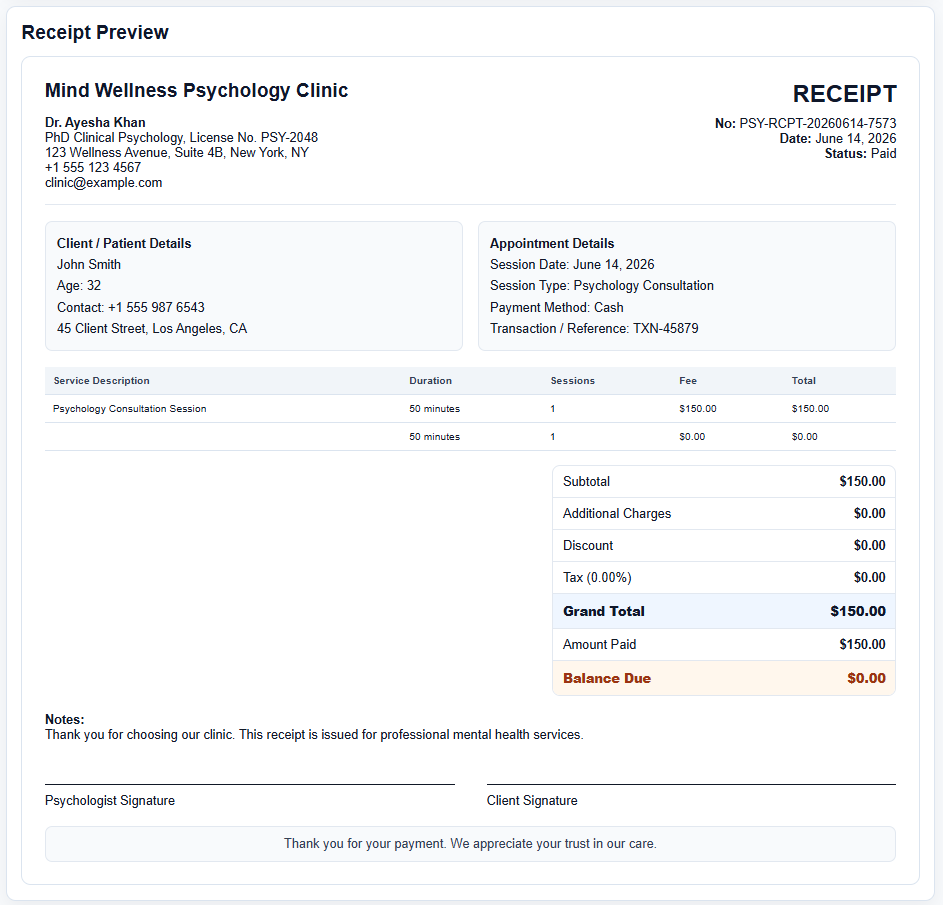 Psychologist Receipt