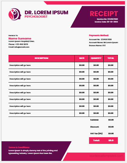 Psychologist receipt template