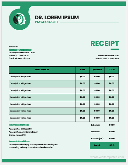 Psychologist receipt template