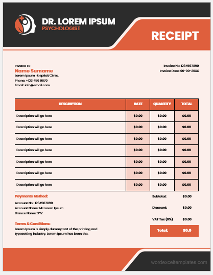 Psychologist receipt template