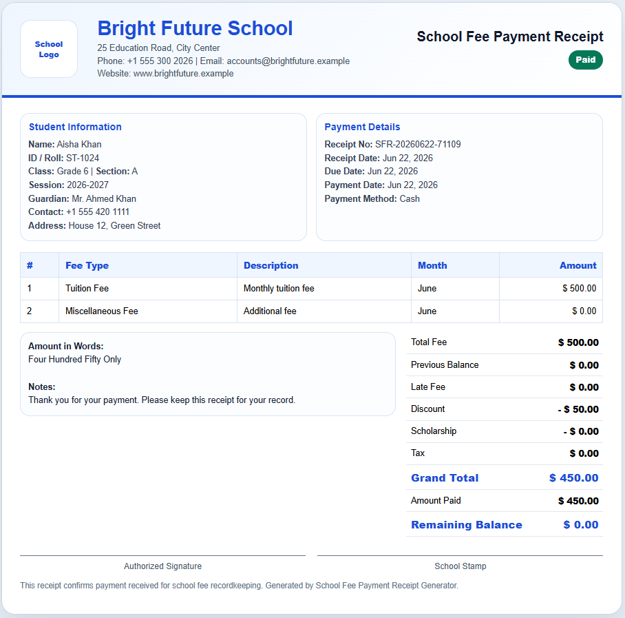 School Fee Payment Receipt