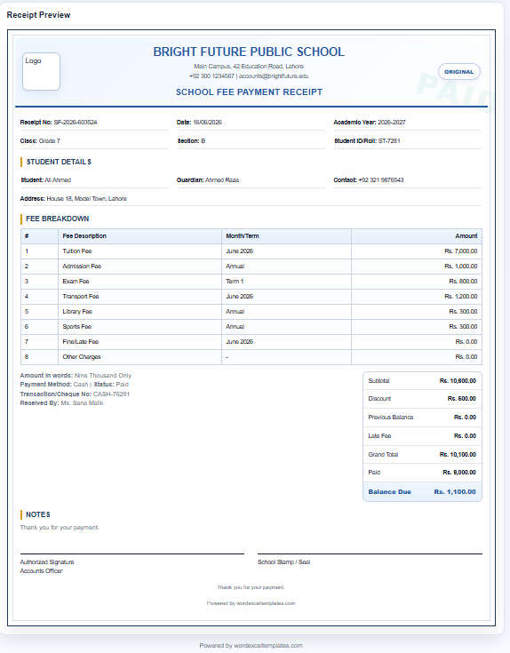 School Fee Payment Receipt