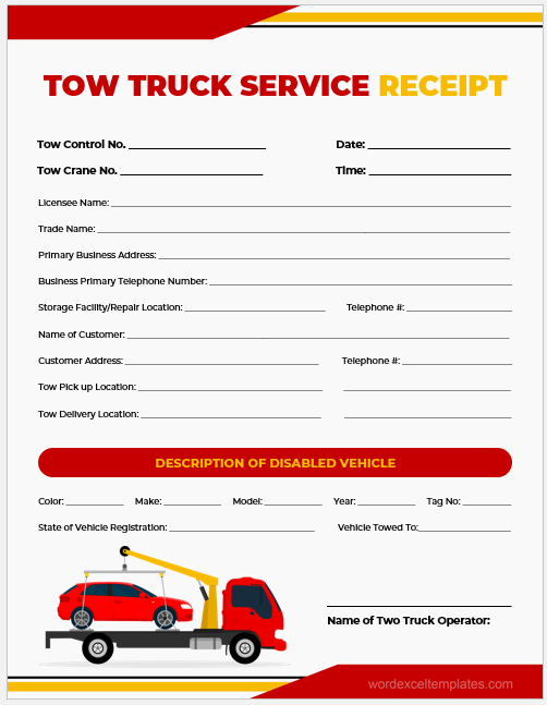 Tow truck service receipt template