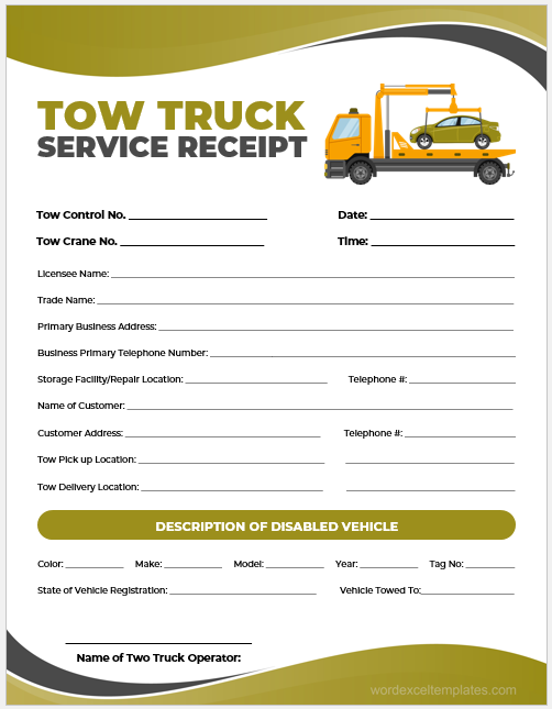 Tow truck service receipt template