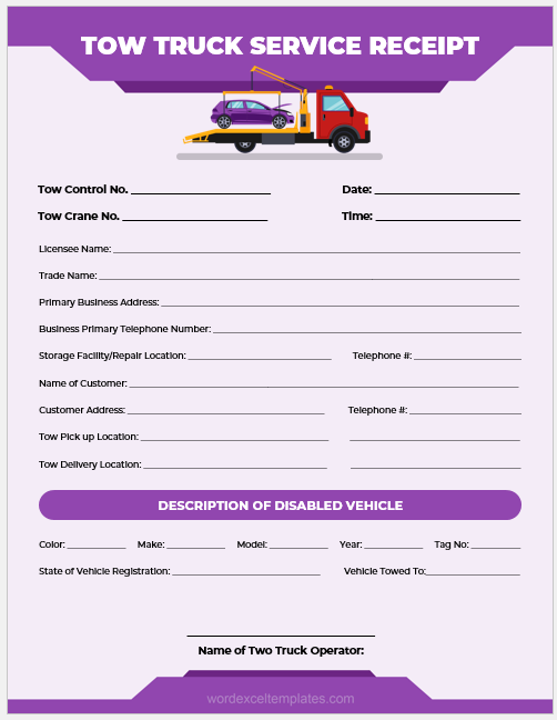 Tow truck service receipt template