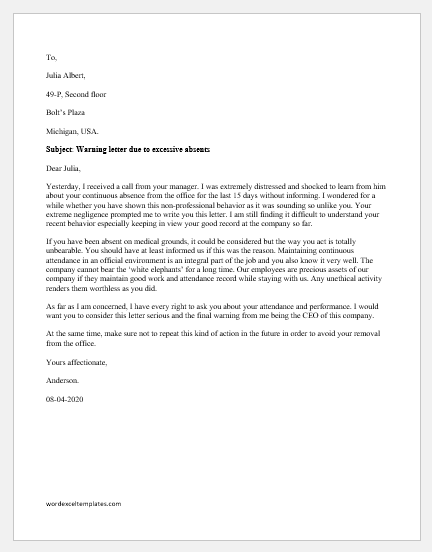 Warning letter to employee for excessive leave