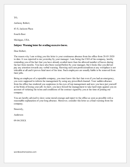 Warning letter to employee for excessive leave