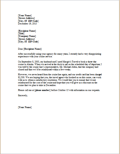 Complaint letter about cancelled trip