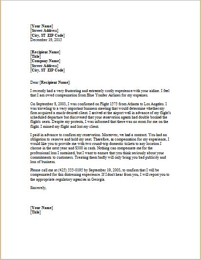 sample complaint letter to airline