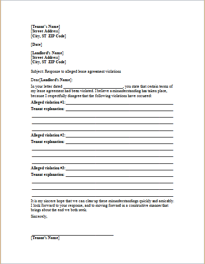 Letter To Landlord Responding Alleged Lease Violations Word Excel Templates