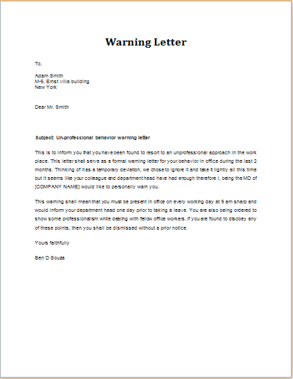 Unprofessional behavior warning letter