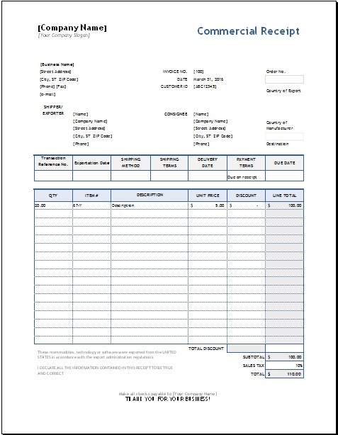 Mercial Receipt Template For EXCEL