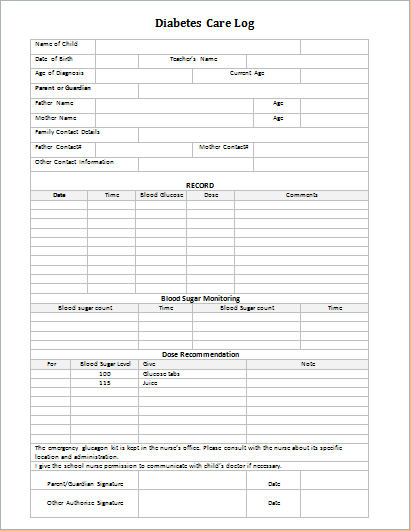 Diabetes care log for school