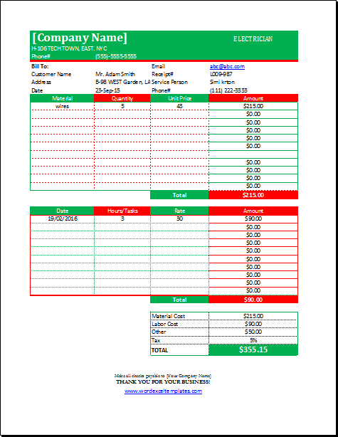 Electrician Receipt Template For Excel Word Excel Templates