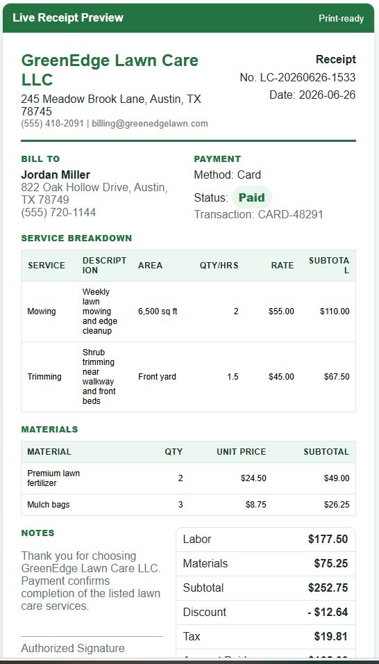 Lawn Care Receipt Template