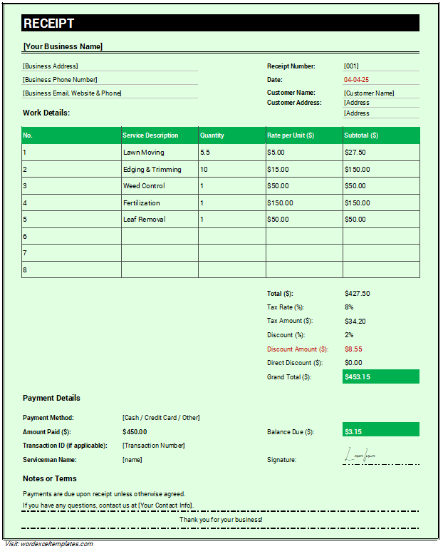 Lawn care service receipt for Excel