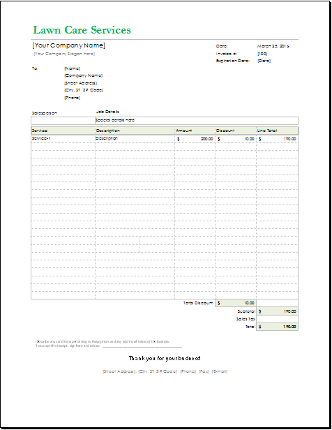 lawn care receipt template for excel  word  excel templates