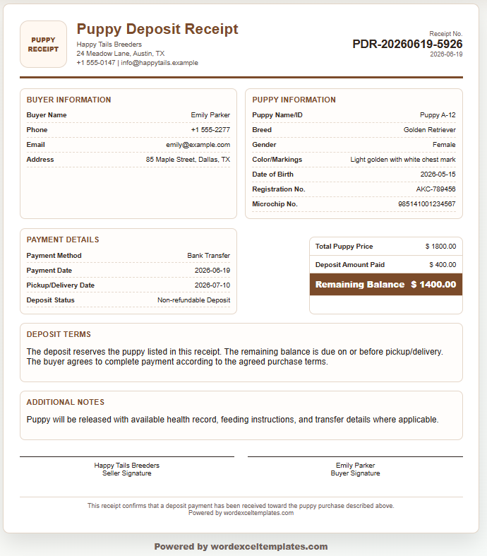 Puppy Deposit Receipt Template