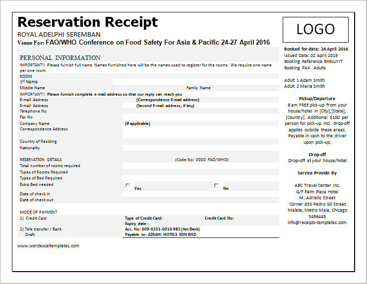 Reservation receipt